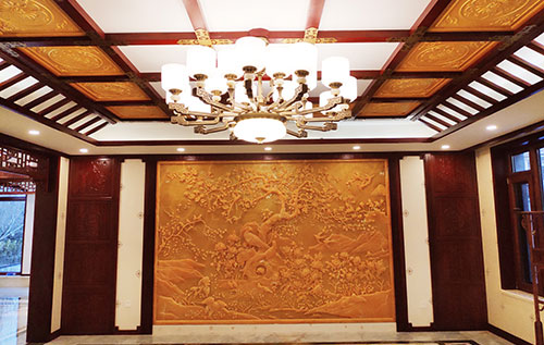 阿里中式别墅客厅中式木作横梁吊顶装饰展示